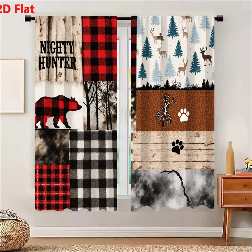 2Pcs Curtains 2D Flat Nature & Hunting Theme Fabric Paper Patches Collage - Plaid, Animal Silhouettes, Forest Scenes, Wooden Tex