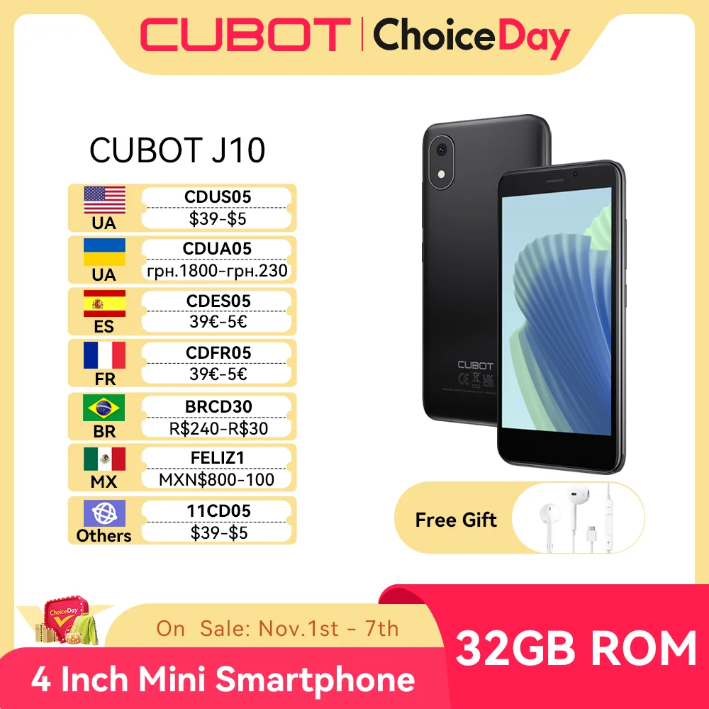 

Cubot Smartphone 4-Inch Mini Phone-J10, 32GB ROM 2350mAh 5MP Rear Camera Google Android 11 Dual SIM Card 3G Telephone Face ID