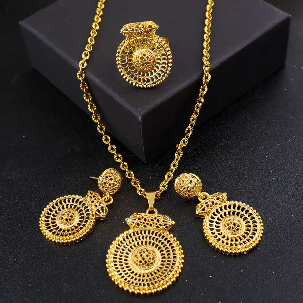 

Dubai Luxury Bridal Gold Jewelry Set for Women, Arabic Wedding Necklace Earrings Ring, Nigeria Vintage Statement Bride Gift, Par