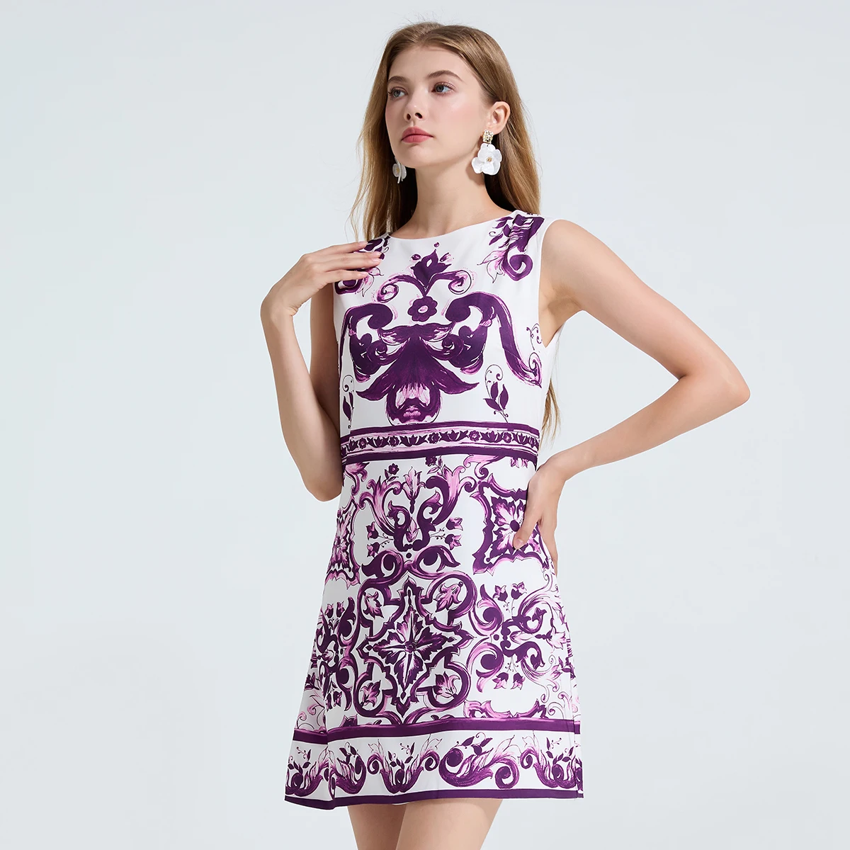 Wein Woman Lady Vrouwelijke bedrukte mouwloze jurk met hoge taille en slim fit rok met ronde hals Paarse porseleinen jurken mini