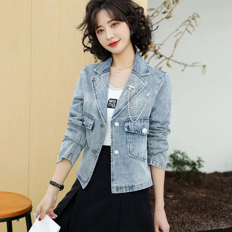 

New Female Short Denim Jacket Spring Autumn Casual Denim Suit Jacket Fashion Women's Korean Three-Dimensional Decoration Jackets