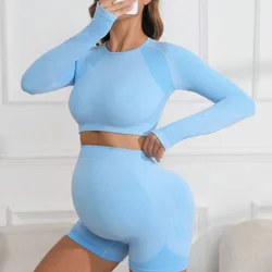 Women's Maternity 2 Piece Seamless Long Sleeve Crop Top Legging Sets Workout Casual Pregnan Yoga Fitness Sports Suit