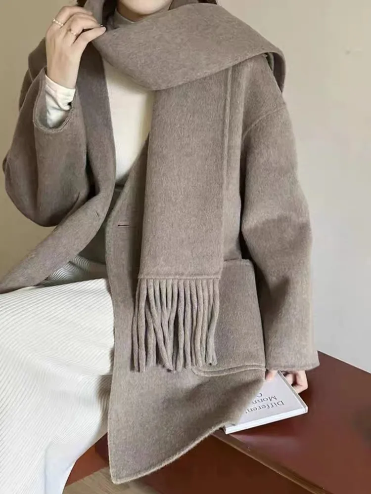 LANMREM High-end Double-sided Cashmere Wool Coat Women\'s Scarf Buckle Loose V-neck Long Winter Warm Overcoats 2024 New 2DA9019