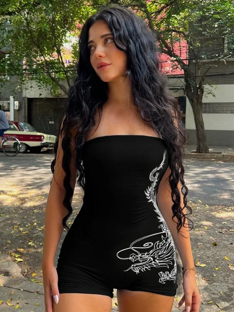 Fashion Slim Streetwear Black Bodycon Romper One-Pieces Sexy Women Clothing Printing Playsuit Strapless Mujer Combinaison Femme