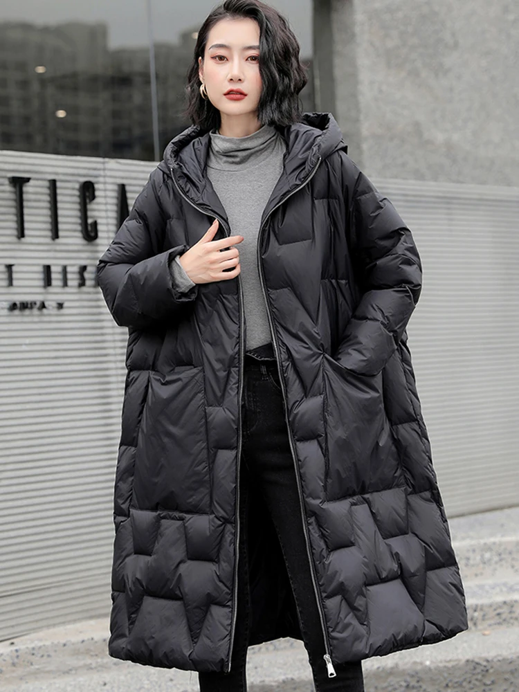 Winter Loose Thick Warm 90% White Duck Down Long Parkas Casual Women Hooded Female Zipper Pocket Down Coat Snow Outwear Coats