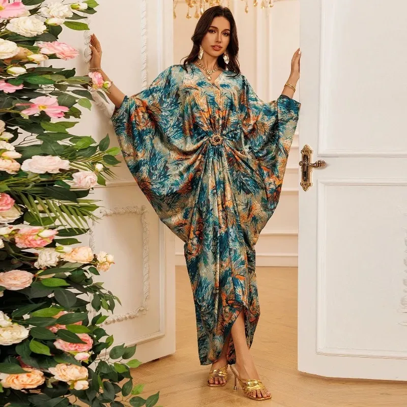 

Dubai Print Jalabiya Long Dress Muslim Arabic Style Elegant Loose Fit Tribal Ethnic Maxi Robe