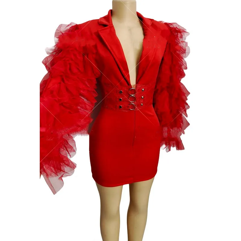 Women Singer Concert Stage Costume Red Puff Sleeve Bodycon Jumpsuit Birthday Prom Evening Celebrate Party Short Dress Bar Show