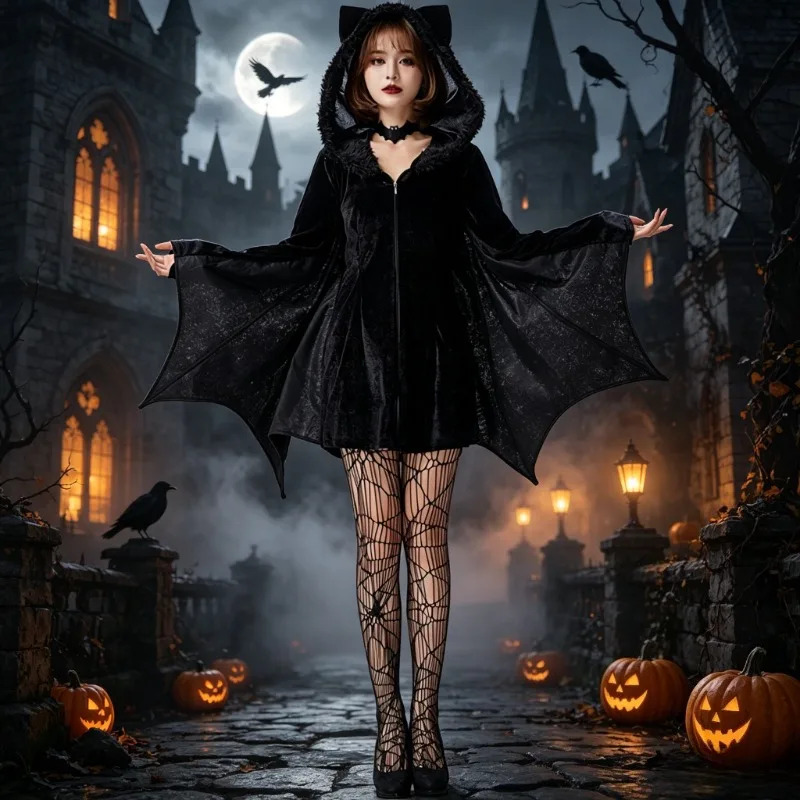 Halloween Gothic Devil Cosplay Costume Witch Vampire Bat Hood Bodysuit Outfit for Women Carnival Party Stage Performance Suit