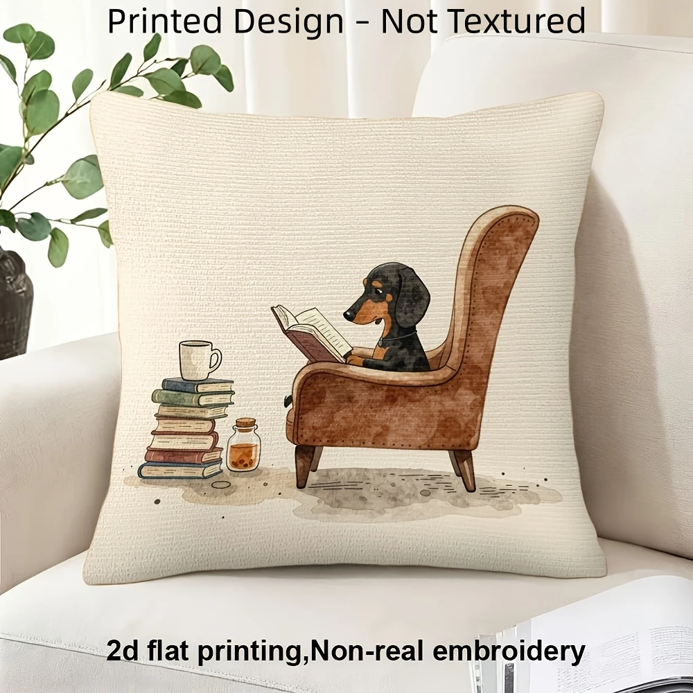 1PC Dachshund Reading Armchair Dog Pillow CoverPolyester Cushion Case for Sofa Couch Living Room Bedroom Home Decor