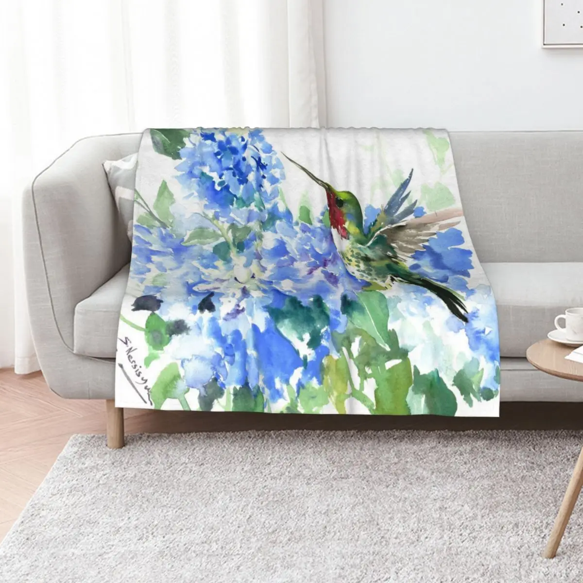 Hydrangea Flowers and Hummingbird Throw Blanket Soft Plush Plaid Bed linens Kid'S Plaid Flannels Luxury Throw Blankets