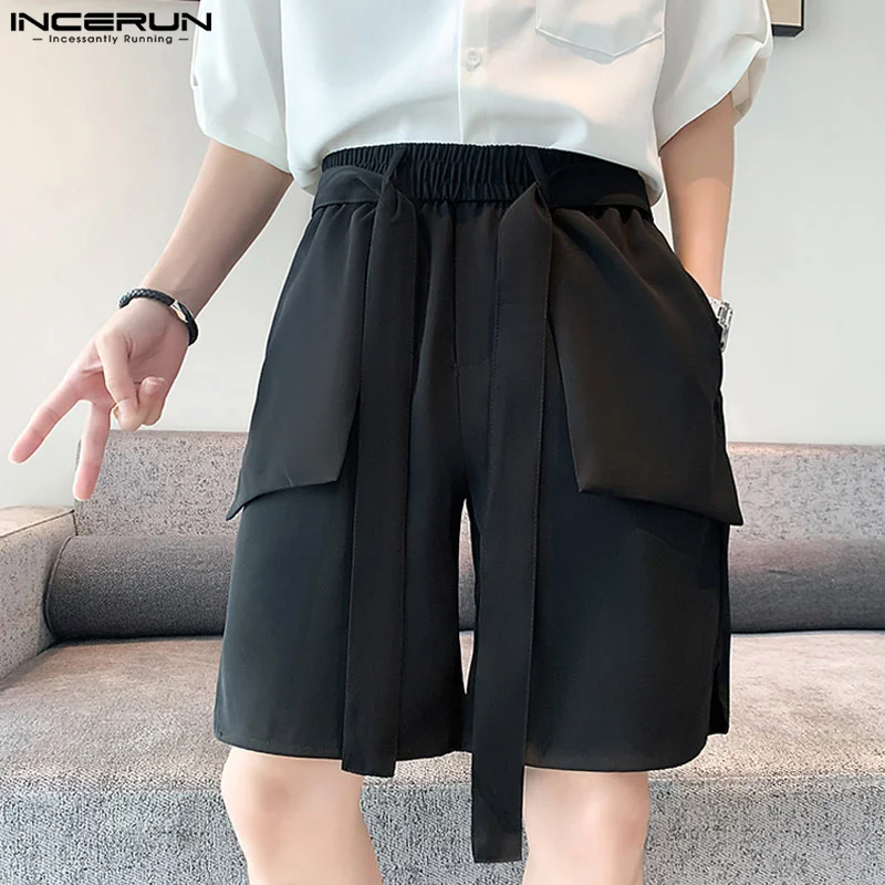 INCERUN 2024 Korean Style Shorts New Men\'s Ribbon Design Straight Leg Shorts Casual Streetwear Male Wide Leg Cargo Shorts S-5XL