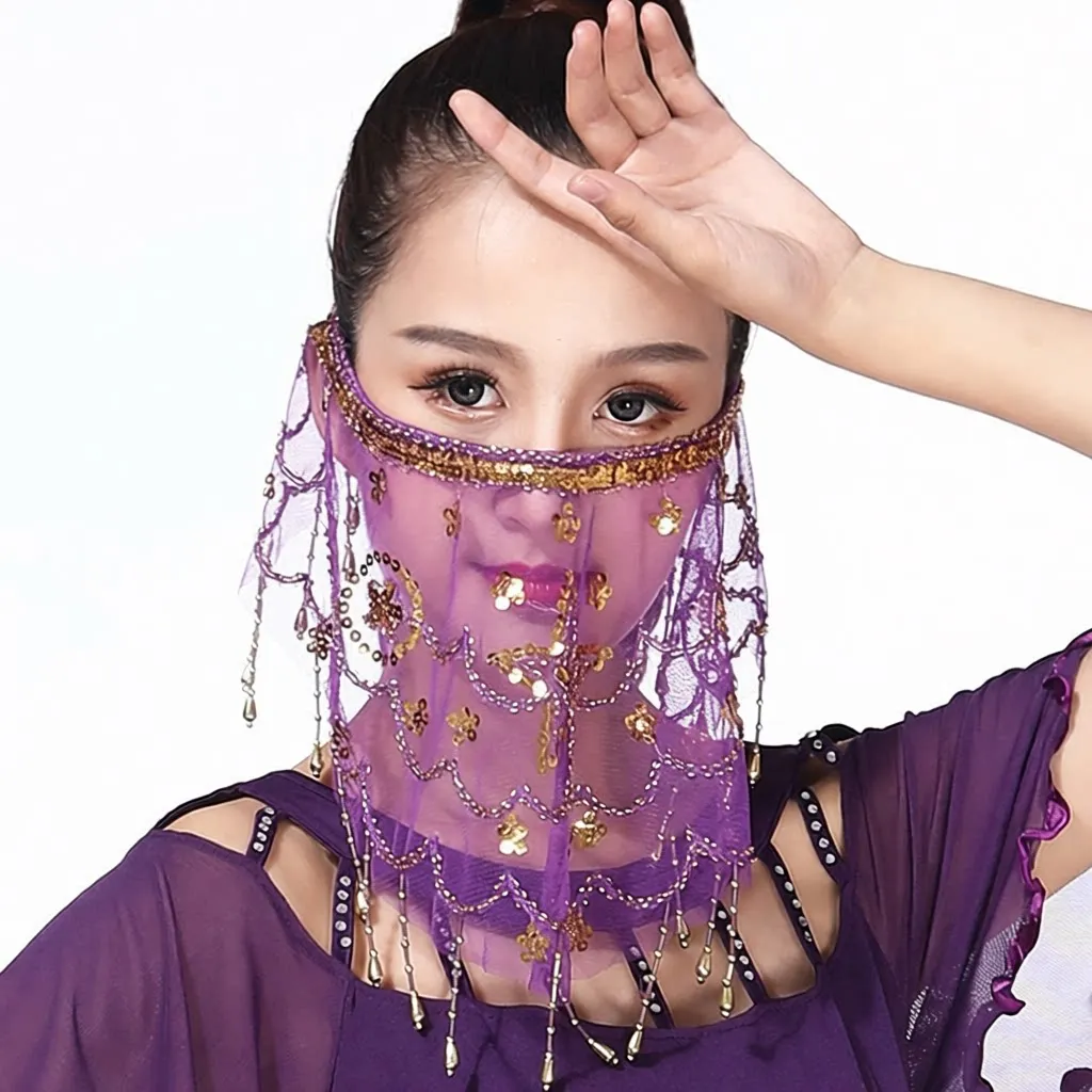 Véu de Performance de Dança com Lantejoulas Brilhantes, Lenço de Máscara, Xale para Festa, Véu para Show de Dança do Ventre, ...