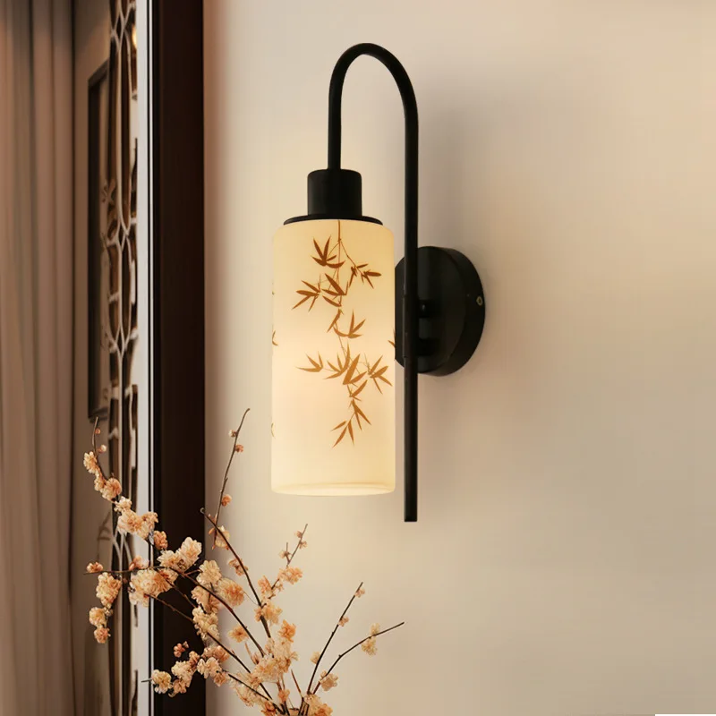 New Chinese Song style aesthetic bamboo wall lamp retro wiring glass living room TV background wall bedroom bedside lamp