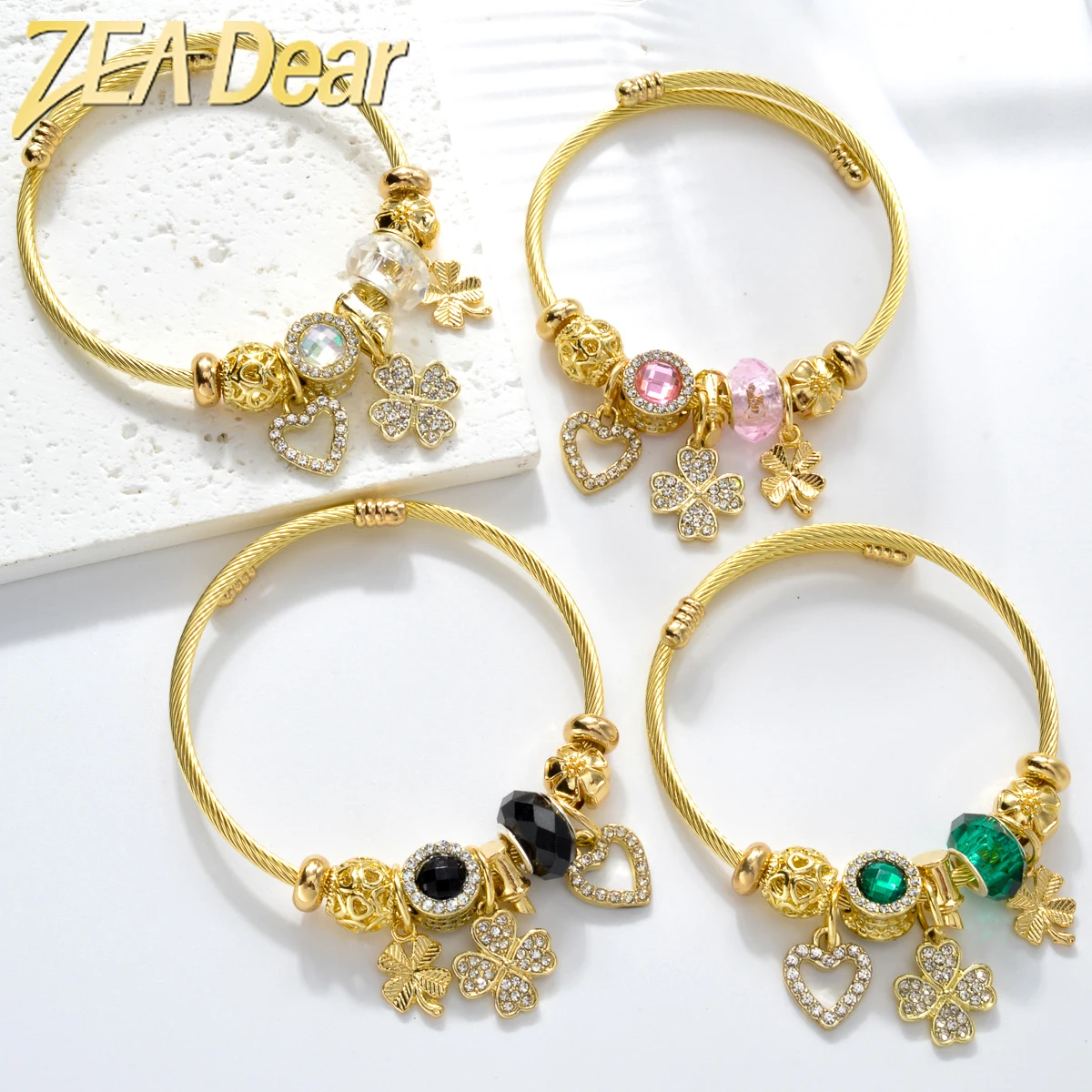 

ZEADear Jewelry Four-leaf Clover Charms Pandora Bracelets Gold Color Stainless Steel Cable Wire Bangle For Women Elegant Gifts