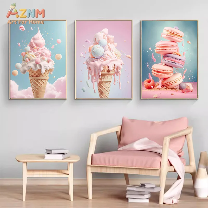 AZNM Pastel Sweet Dessert Canvas Wall Art, Ice Cream Macaron Aesthetic Print Kitchen Girls Bedroom Home Wall Decor Unframed Pain