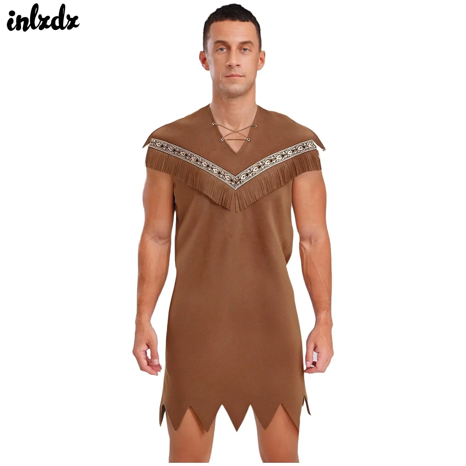 

Мужской пещерный костюм дикого Хэллоуина, коренный косплей, костюм на шнуровке спереди с кисточками, винтажный узор, зубчатая отделка, халат из искусственной замши