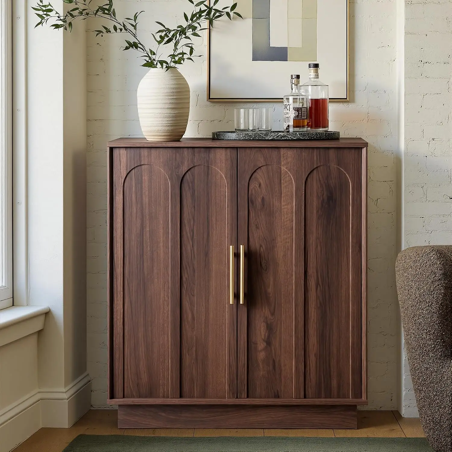 Liquor Cabinet with 3 Stemware Racks, 21 Wine Racks, Arched Home Bar, Wood Texture, Dining Room, Living Room, Customized