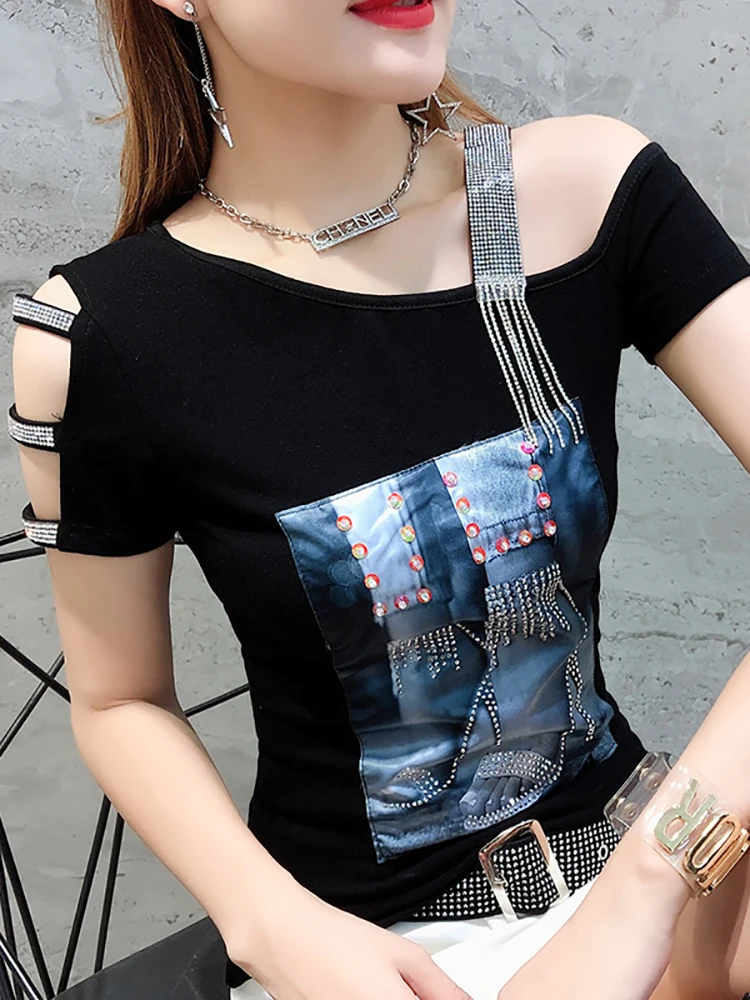 Summer 2024 Sexy Fashionable Cotton T-Shirt Glitter Heavy Embroidery Short Sleeve Women's Street Style Top Trendy Chain Detail
