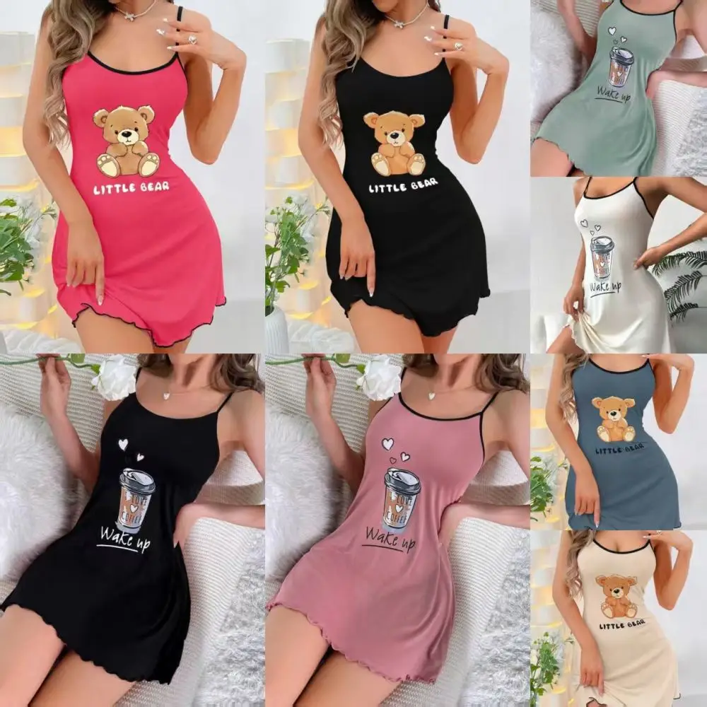 Women Summer Sling Nightdress Floral Print Short Dress Sexy Sleepwear Casual Home Wear Breathable Milk Silk Comfort Nightgown