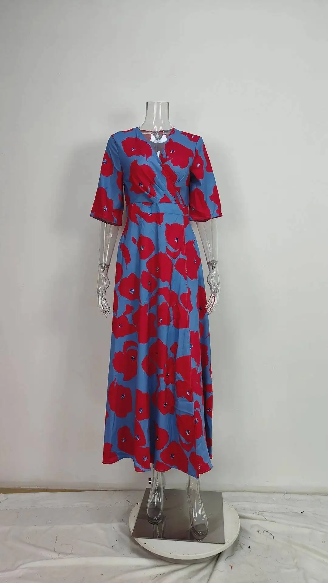 夏の女性のファッション V ネックベルト付きパーティーロングドレスセクシーな印刷自由奔放に生きるマキシドレス半袖ポケット Femlae ホリデー RXJ8