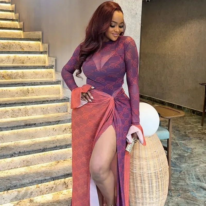 

Women's O-Neck Long Flare Sleeve Pleated Split Asymmetrical Long Dress, Gauze Spliced, Slight Perspective, Sexy