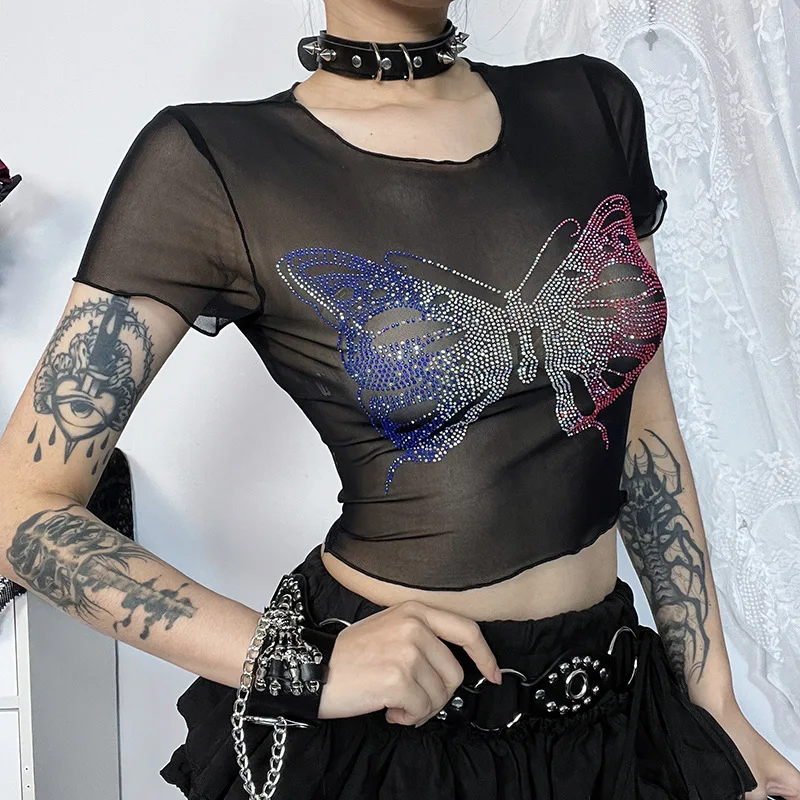 Yangelo Y 2K Vlinder Korte Mouw T-Shirts Sexy Zwart Kant Mesh Doorzichtig Slanke Crop Top Vrouwen Zomer Kleding Grunge Tees