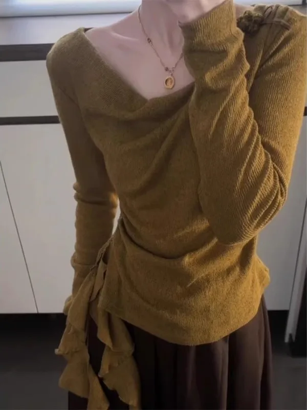 

plus Size Women's Korean Sle Long Sve Knitted Sweater Slimming V-Ne Top for Autumn Faion Commute Simple Ele