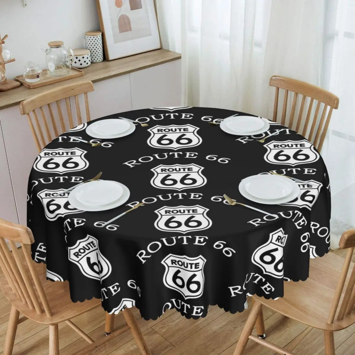 Customized Round Route 66 Table Cloth Oilproof Tablecloth 60 inch Table Cover for Kitchen Dinning