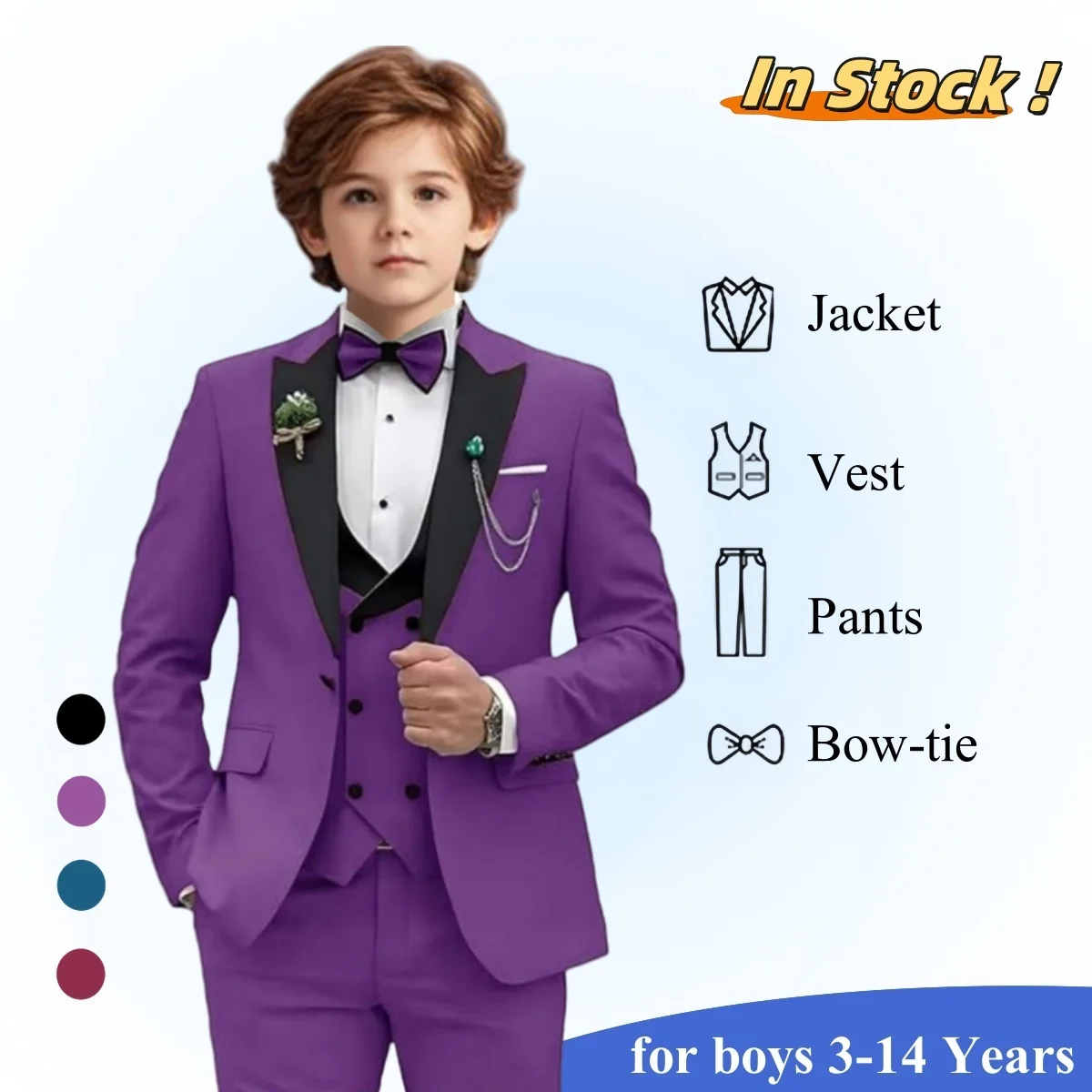 

Popular 4 PCS Slim Fit Suit Set for Boys 3-14 Years - Black Peak Lapel Jacket Vest Pants Bowtie - Wedding Guest Party Tuxedo