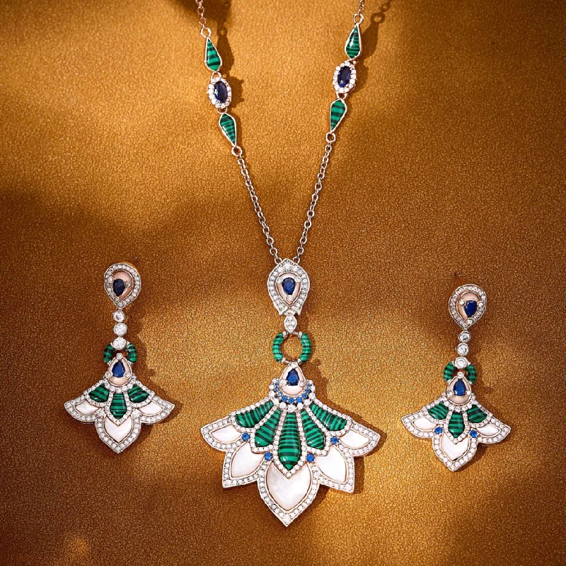 

Designer Fashion Style Stud Earrings Long Necklace Women Lady Inlay Cubic Zircon Mother Of Pearl Malachite Party Jewelry Sets