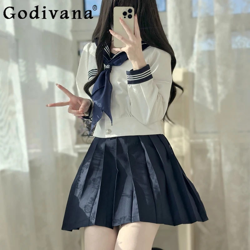 

White Sailor College Loose Long Sleeve Japanese Shirt Spring Autumn Girls High Waist Versatile Age Reduction Pleated Skirt Sets