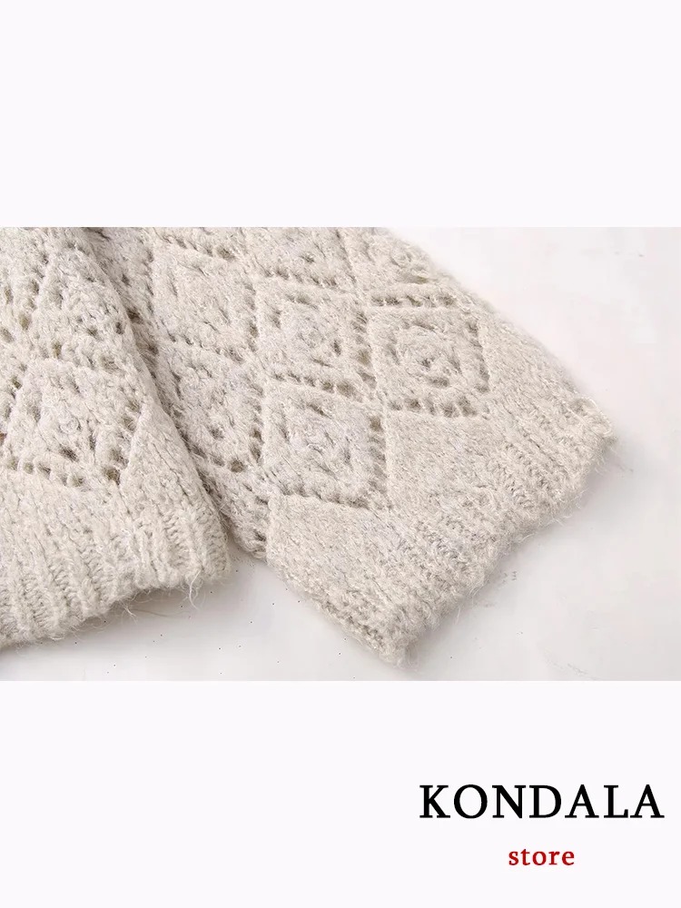 KONDALA Sweater wanita kasual Vintage, atasan Sweater rajutan lengan panjang Solid, pullover Hollow Out musim gugur 2023