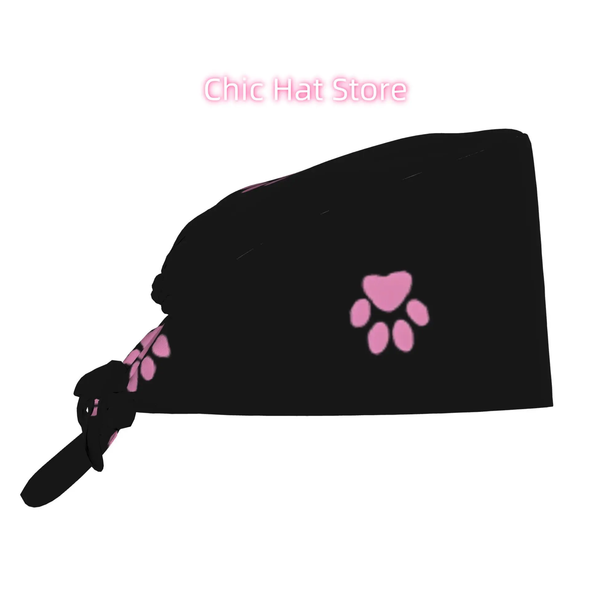 

Adjustable Lightweight Work Cap Featuring a Cute Black Cat And Pink Paw Pads, Designed for Both Nurses And Chefs, with a Lace-Up
