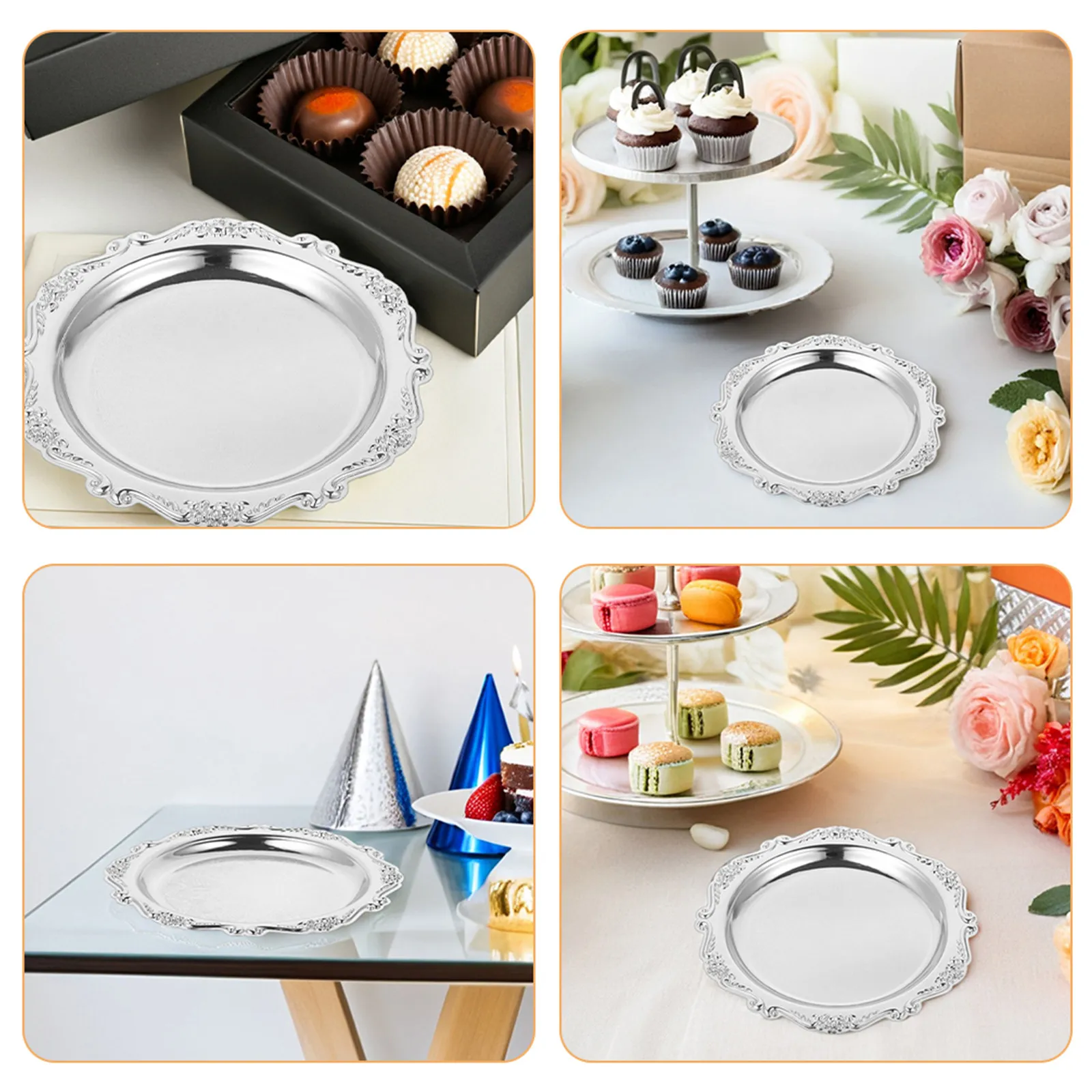 8Pcs Vintage Metal Food Serving Tray Retro Round 4 Inch Shatterproof Dessert Snack Plates for Coffee Table Buffet Display