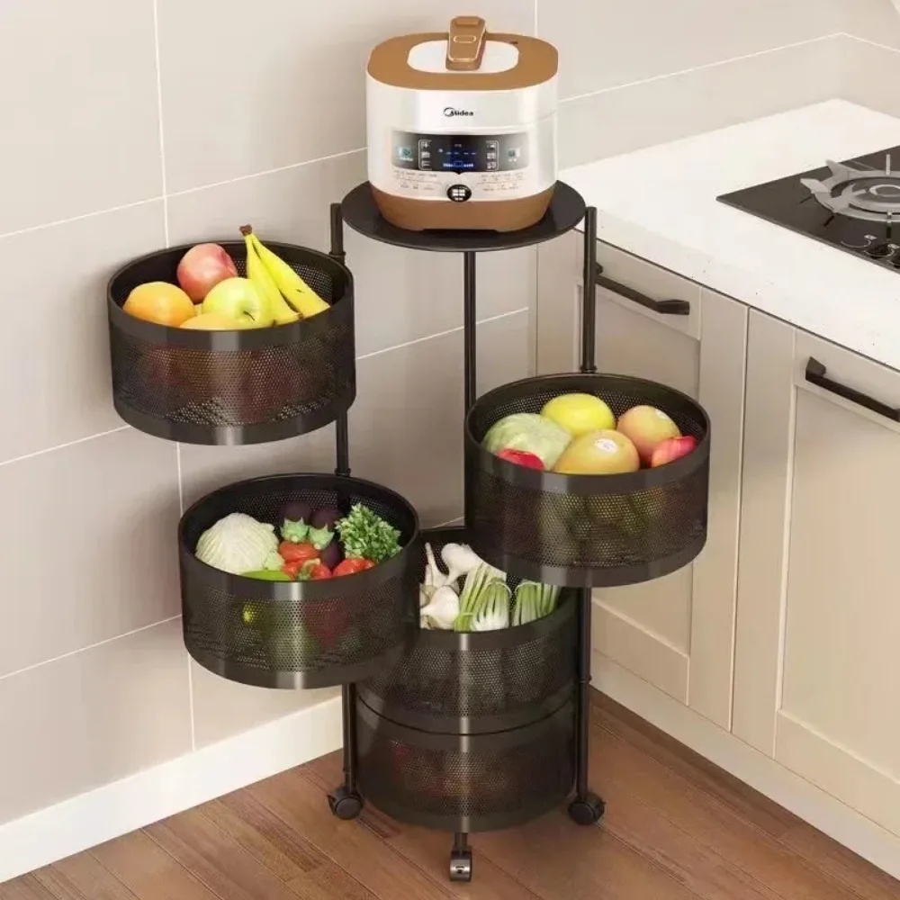 Vegetable Basket Storage Rack Multi-Layer Fruit Basket Round Movable Rotating Shelf  Multi-functional Rotating Kitchen Trolley