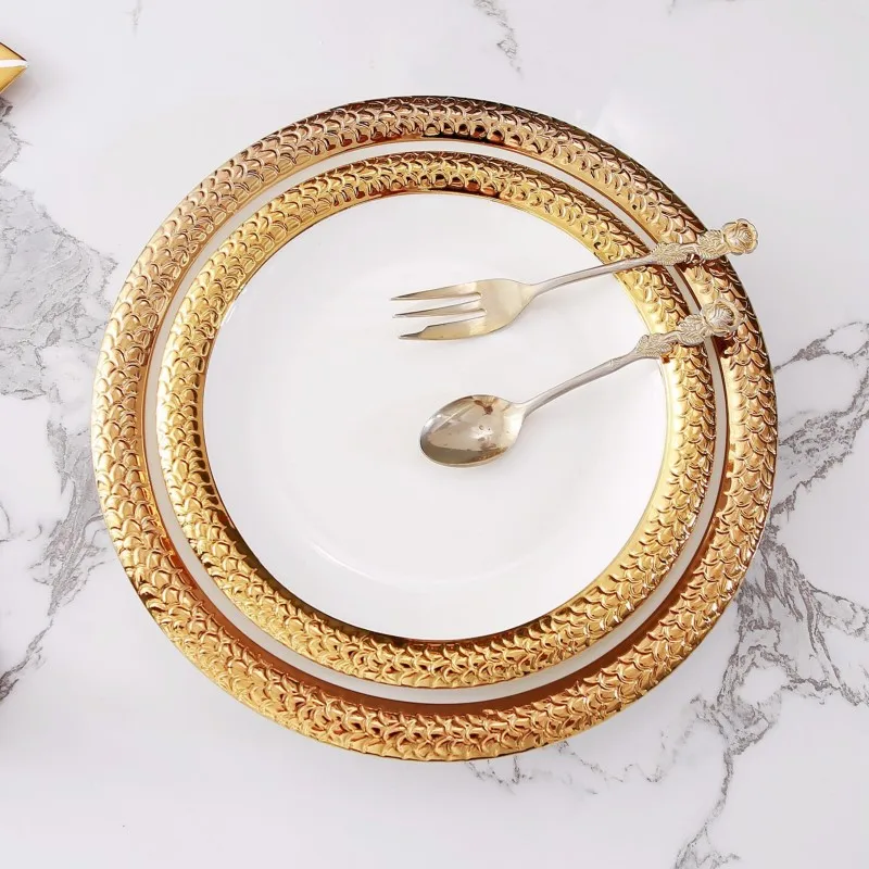 European style gold-plated relief disc tableware, home decoration plate, gold edged ceramic dining plate