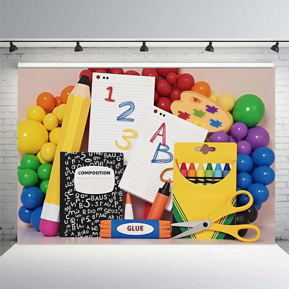 Back To School Photography Background Rainbow Balloons Arch School Bus Books Drawing Pens Students Portrait Decor Photo Backdrop