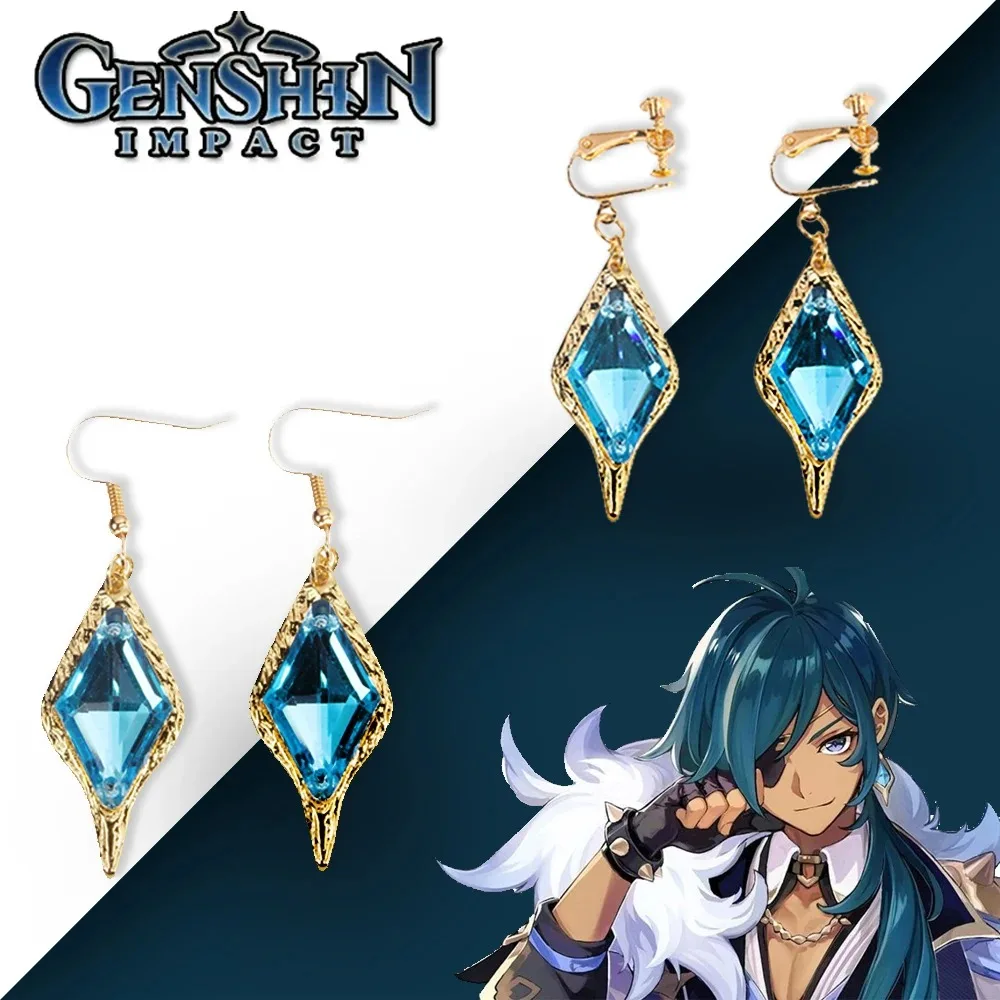 Hot Anime Genshin Impact Earrings Ear Clips Kaeya Alberich Rhombus Blue Crystal Tartaglia Zhongli For Man WomenAccessories Gifts