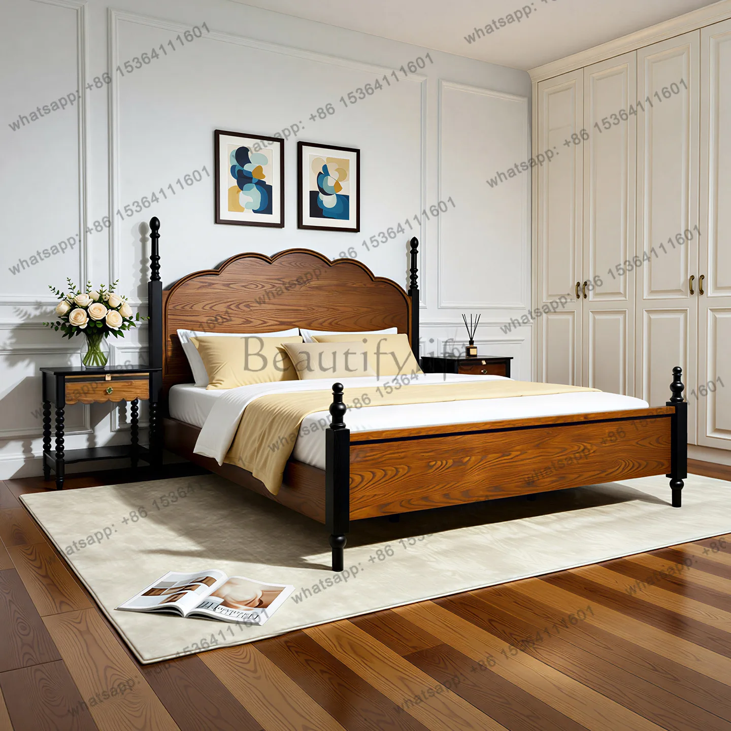 French retro solid wood home double bed medium antique small apartment 1.5 meters