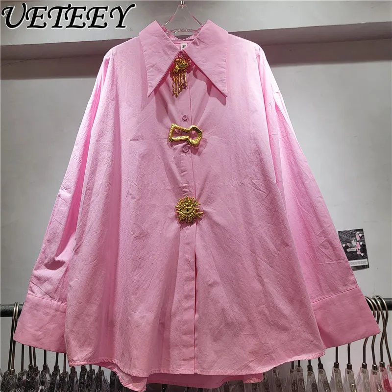 

2026 Spring Turn-Down Collar Metal Button Decorative Design Sense Oversized Tops Long Sleeve French Elegant Temperament Shirt