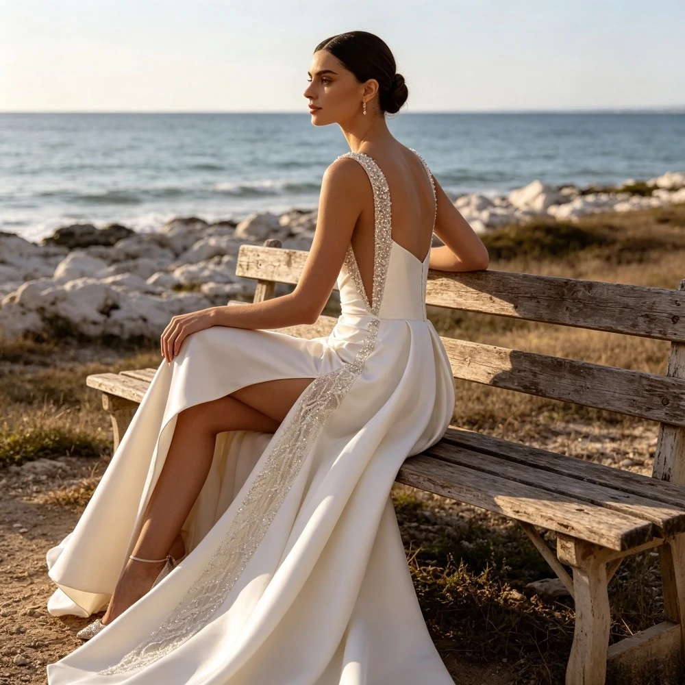 Customized New Square Neck Nail Bead Suspender Satin Side Seam Wedding Dresses Detachable Trailing Backless Slim Fit Bridal Gown