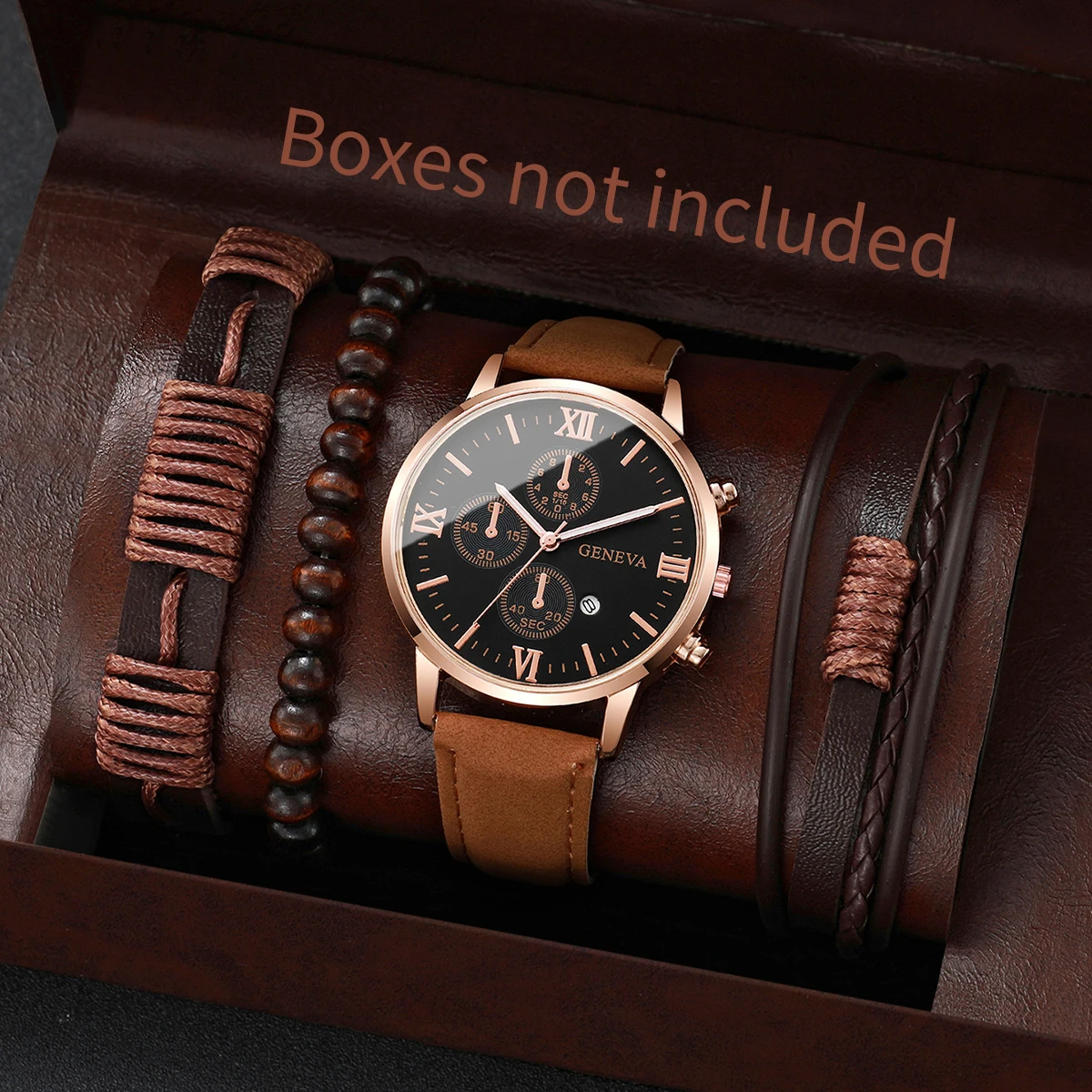 

4PCS/Set Men's Watches Casual Leather Band Analog Quartz Watch Bracelets Set（Without Box）
