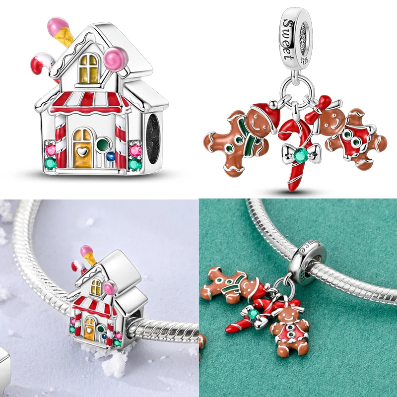 

925 Sterling Silver Candy Snow House Charms Bead CZ Zircon Gingerbread Man Dangle Fit Original Bracelet DIY Women Jewelry