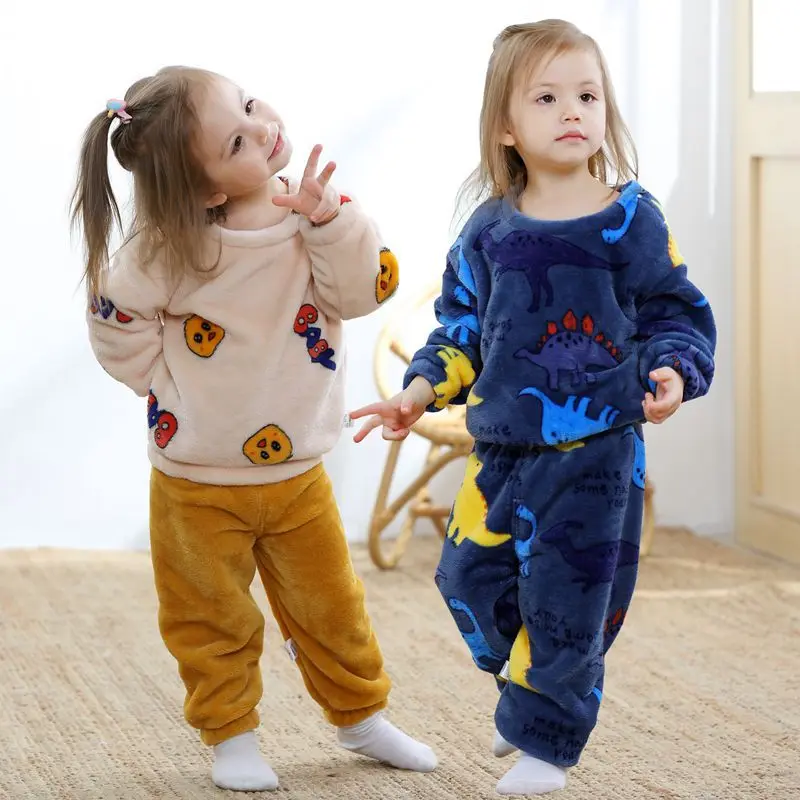 

Kid Girl Clothes Sleepwear Winter Velvet Tracksuit Children Clothing Cartoon Tops+Pant 2Pcs Set Teen Baby Boy Outfit Suit A717