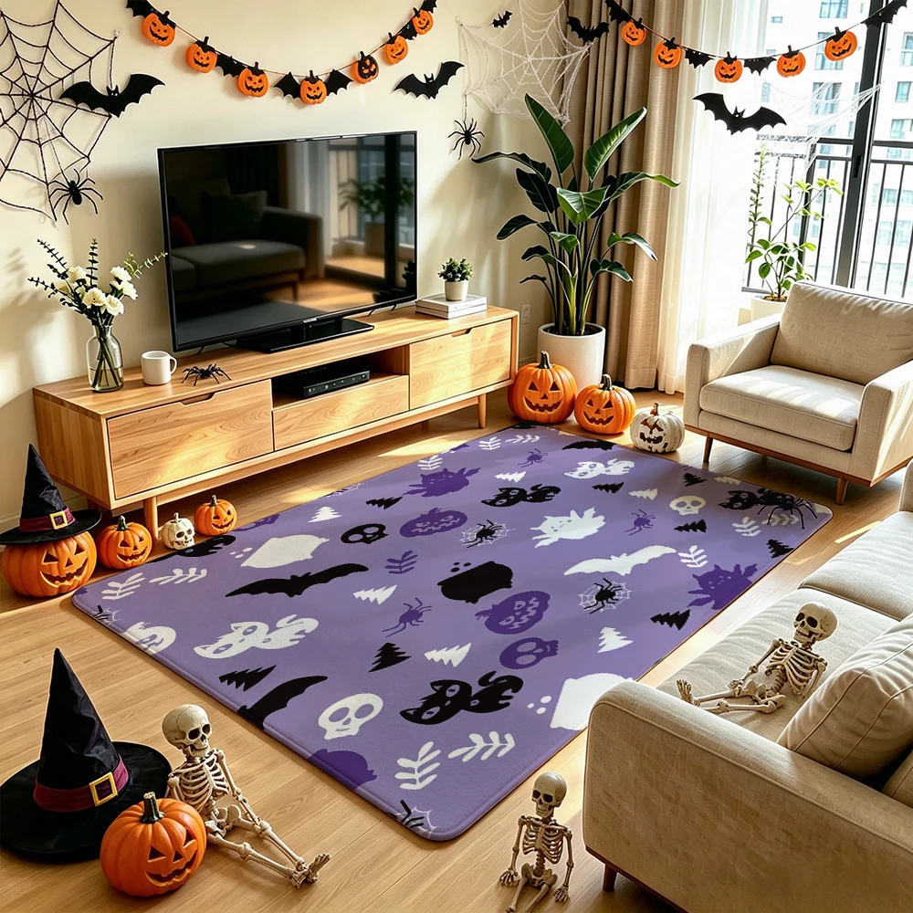 1pc Halloween bat skeleton pumpkin spider print living room floor mat anti-slip silicone tufted carpet sofa bedroom