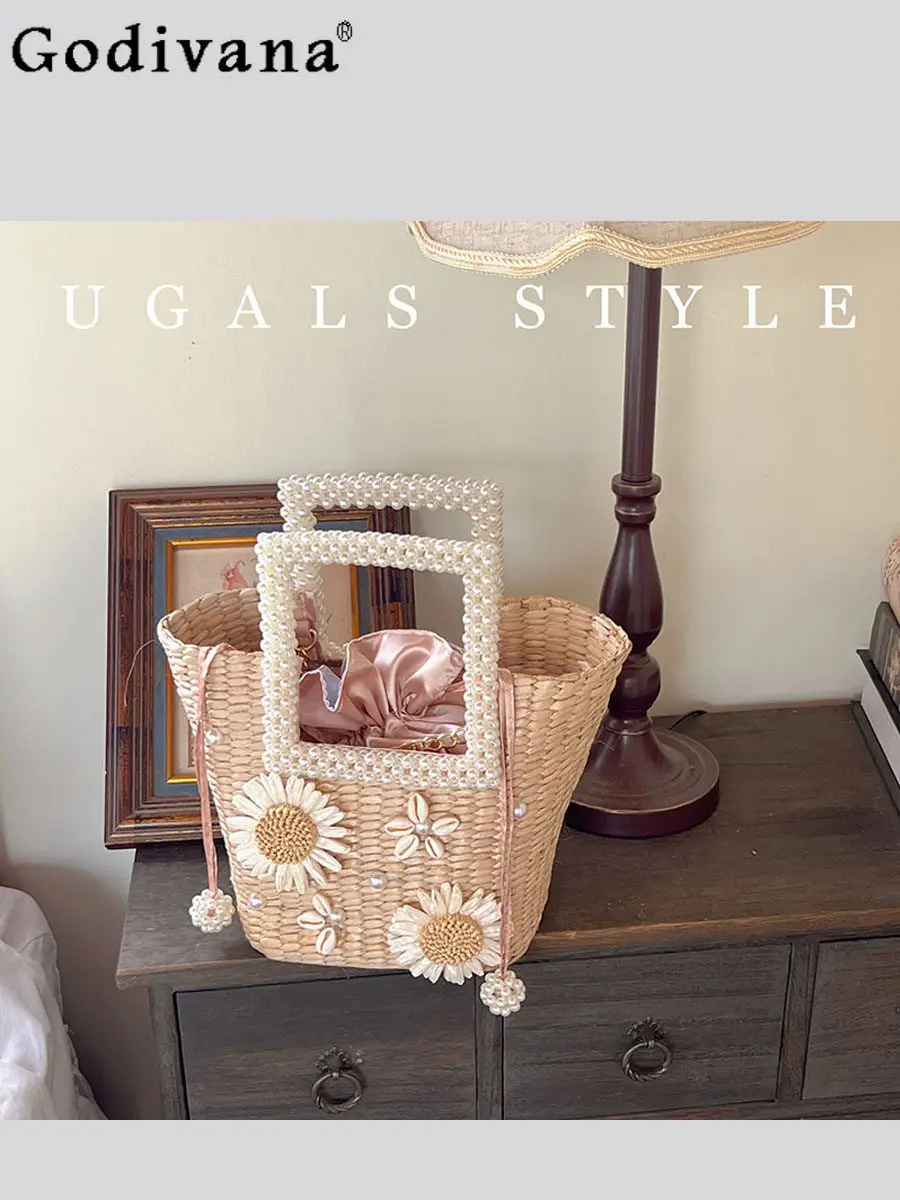 

Summer New Japanese Sweet Pearl Handwoven Handbag Ins Style Exquisite Fashion Daily Casual Messenger Bag for Woman