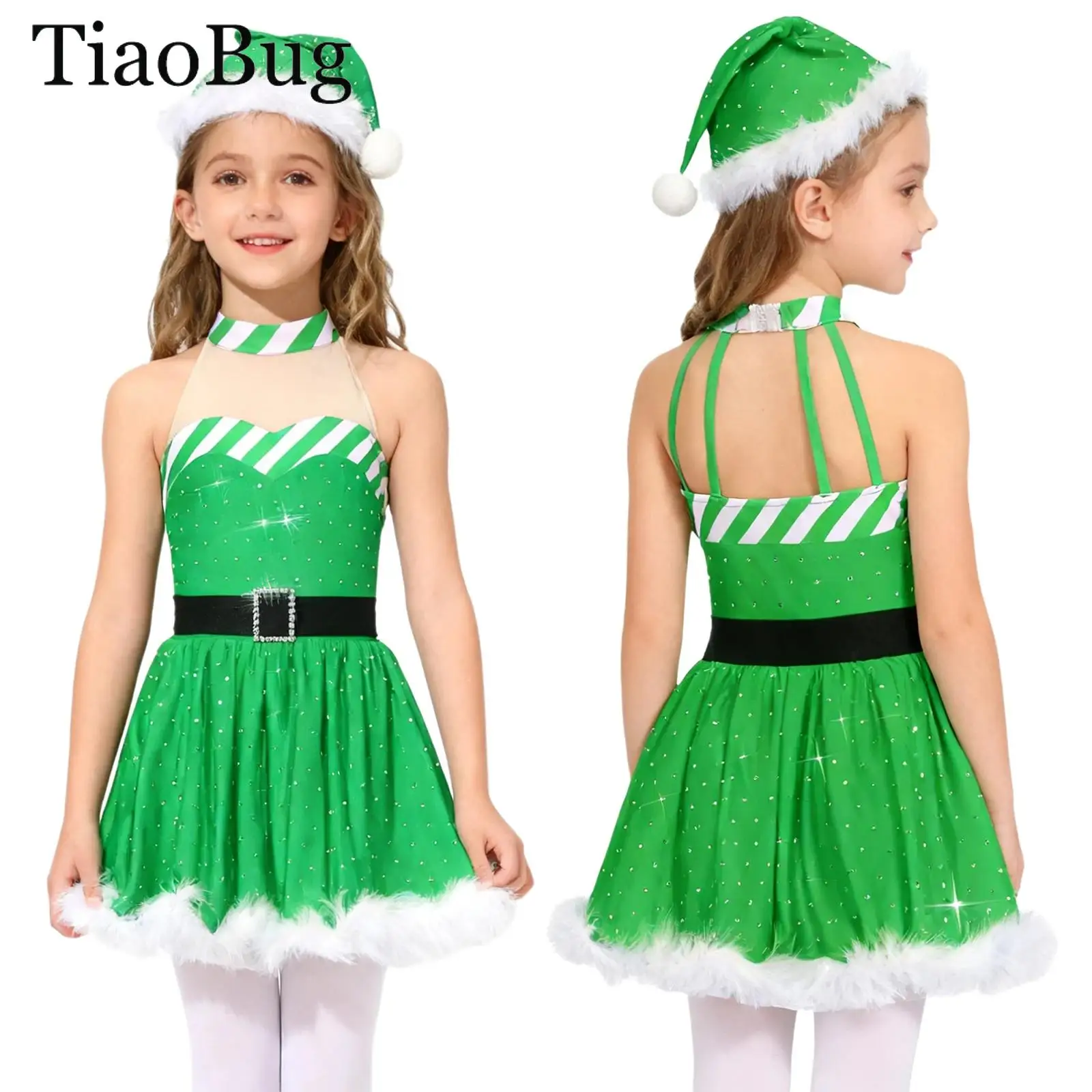 الفتيات سانتا عيد الميلاد ملابس رقص قصب الحلوى مخطط الباليه توتو فستان رقص بلا أكمام شبكة الراين يوتار فستان قبعة مجموعة #1