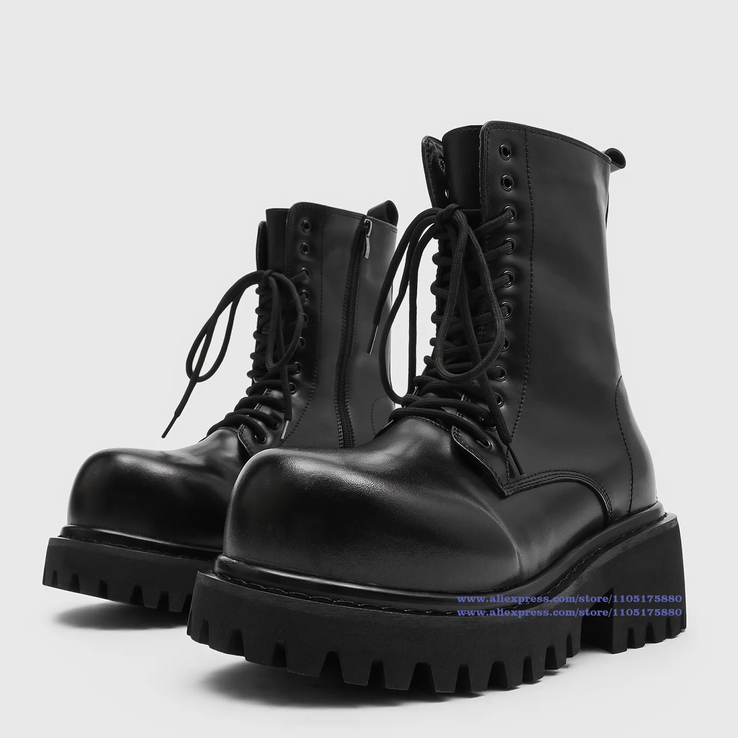 Black Leather Side Zipper Men's Boots Round Toe Lace-Up High Top Booties Luxury Designer Trendy Men's Booties Botas Mujer