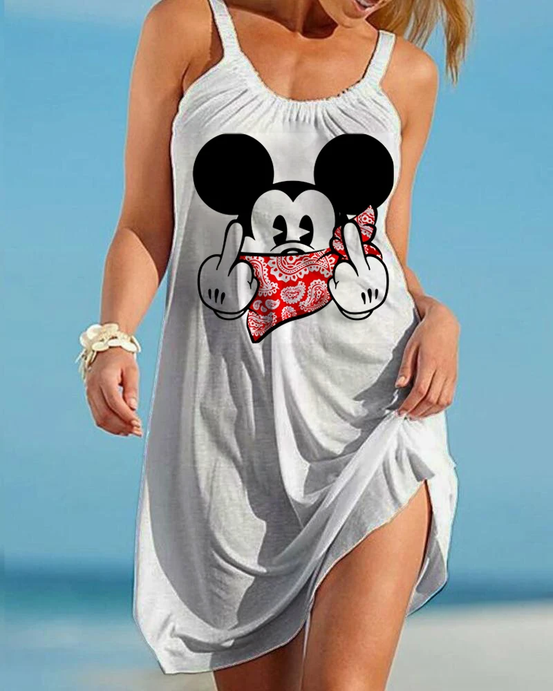 2024 Summer Mickey and Minnie Women Fashion Sling Print Dress Disney Women Sexy Loose Seaside Beach Casual Beach Dress