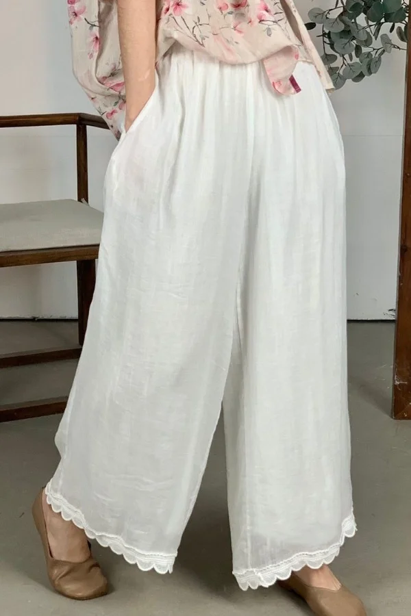 

Elegant Wide-Leg Ruffled Cotton-Linen Pants Women Elastic Waist Nine-Minute Pants Summer New Solid Color Straight Tube Loose